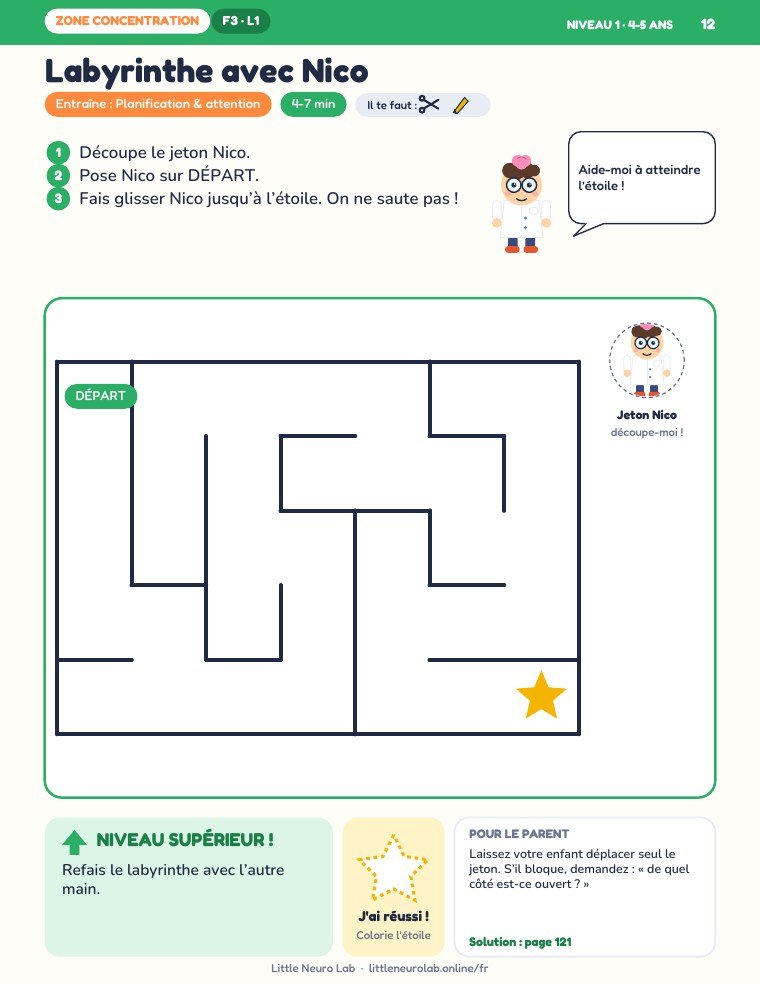 Labyrinthe avec Nico, une page d’activité du niveau 1