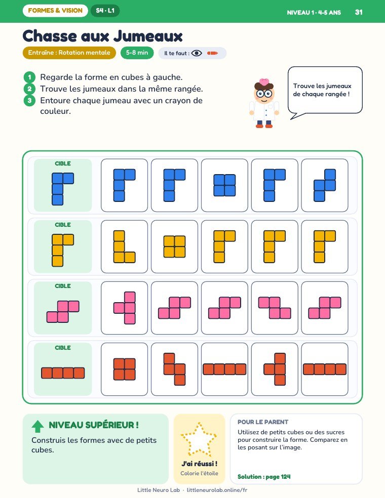 Chasse aux Jumeaux, une page d’activité du niveau 1