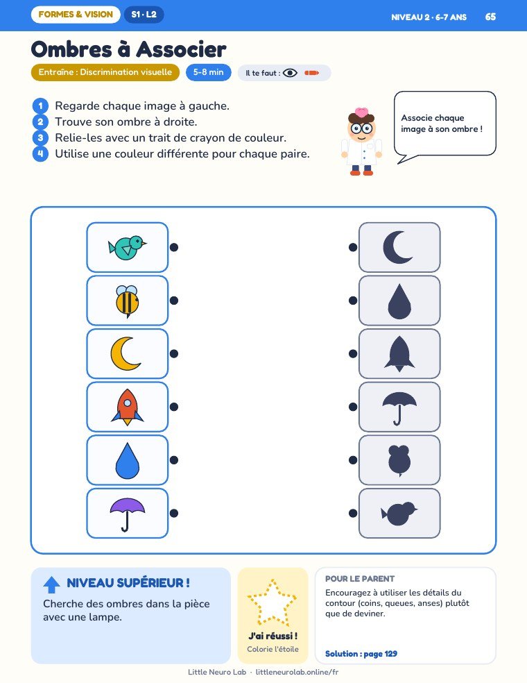 Ombres à Associer, une page d’activité du niveau 2