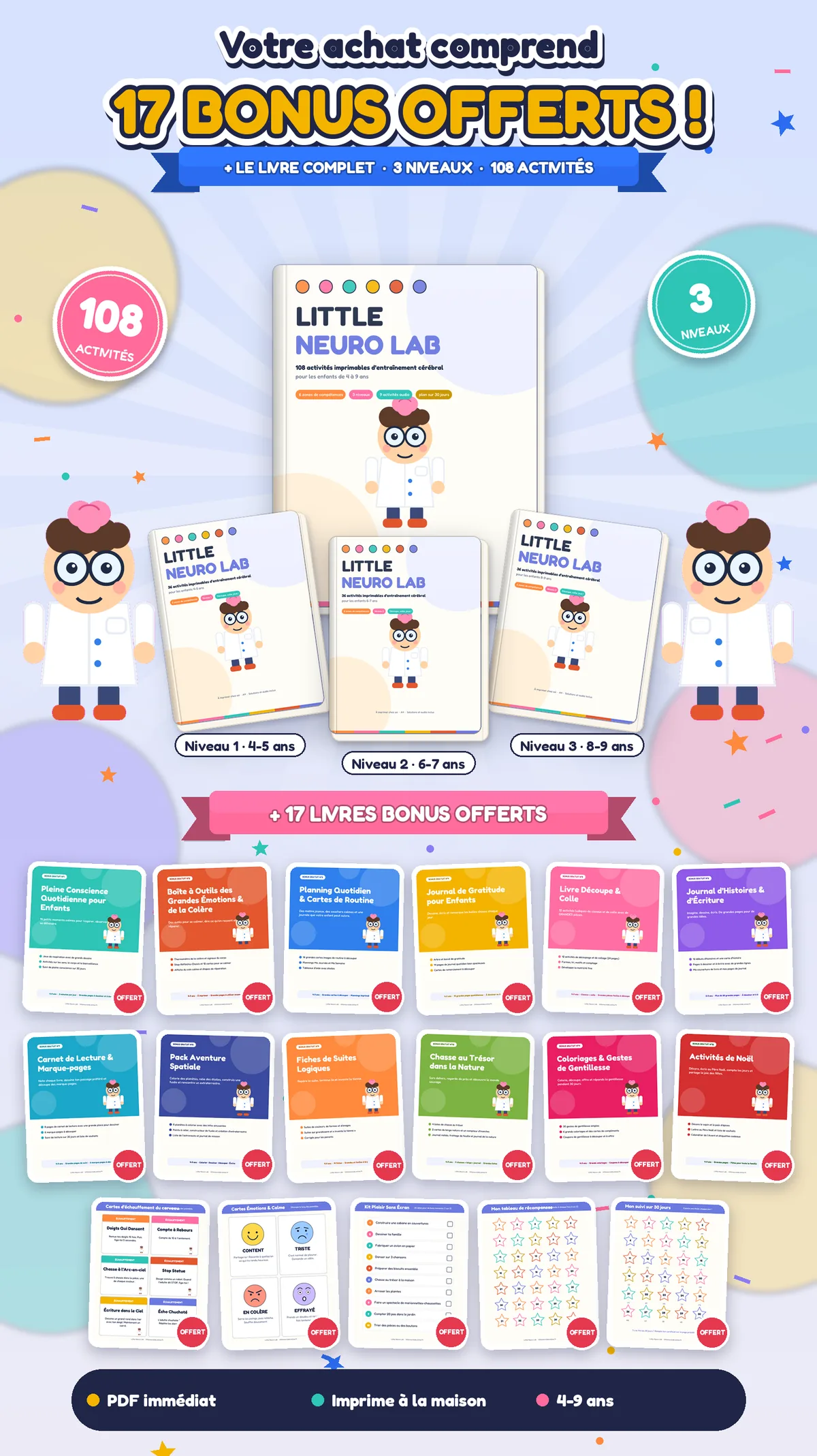 Le livre principal Little Neuro Lab, les trois fichiers par niveau et 17 livres bonus offerts