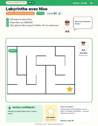 Page d’activité Labyrinthe avec Nico de Little Neuro Lab